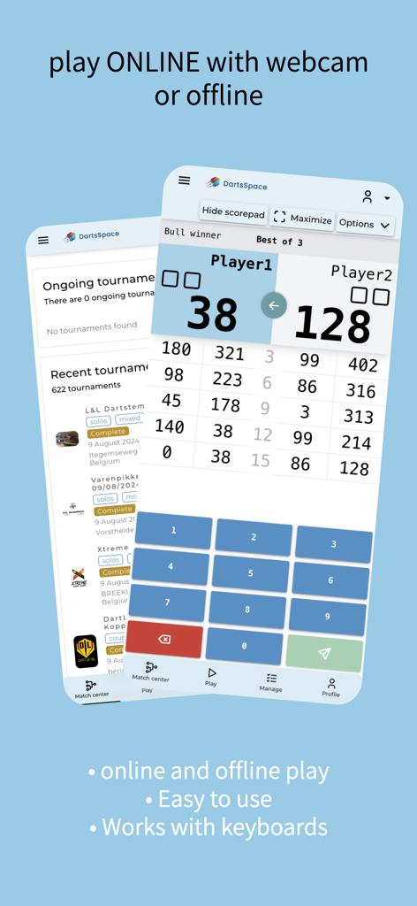 DartsSpace - DartsSpace mobile app interface showing a digital darts scoreboard and tournament list.