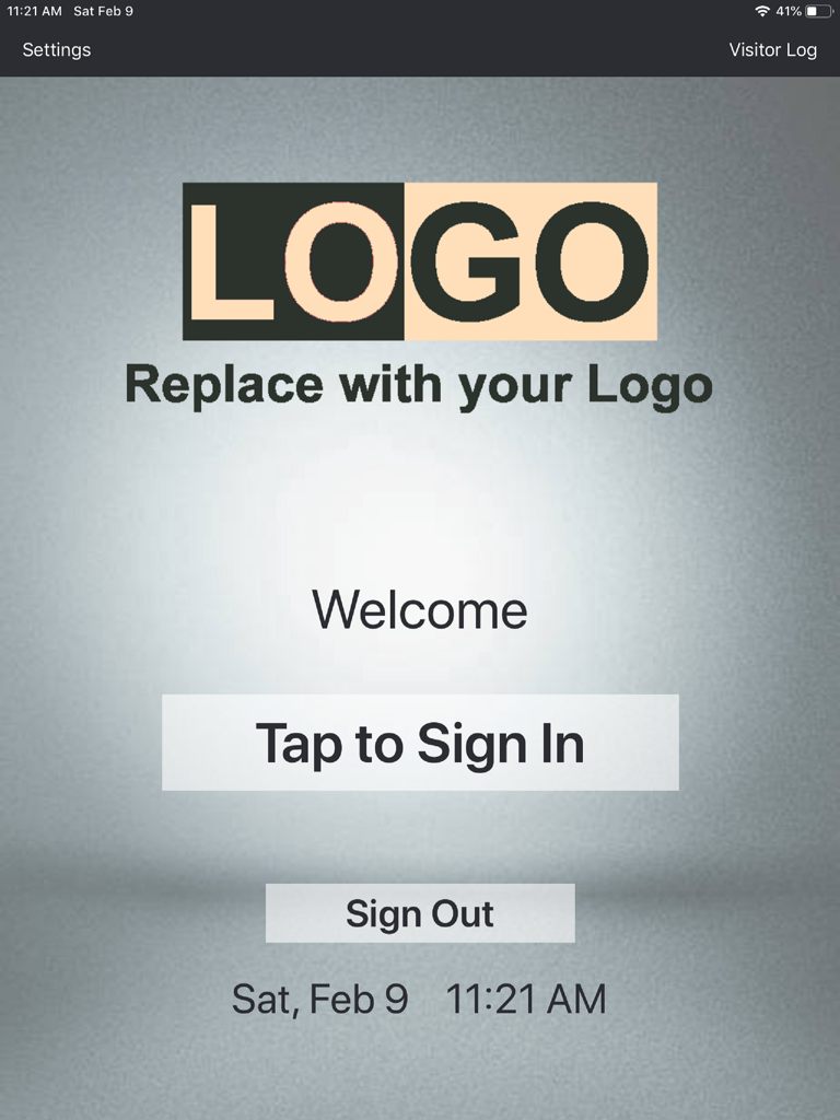 Digital visitor sign-in kiosk welcome screen with customizable logo and tap to sign in button