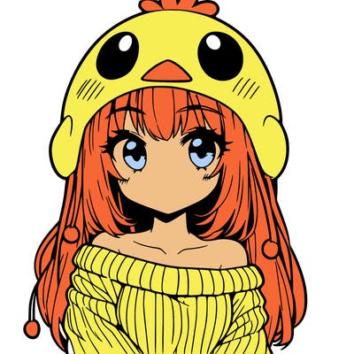 anime girl with chick shaped hat with sweater with bare shoulders with bangs covering them one eye with low tail