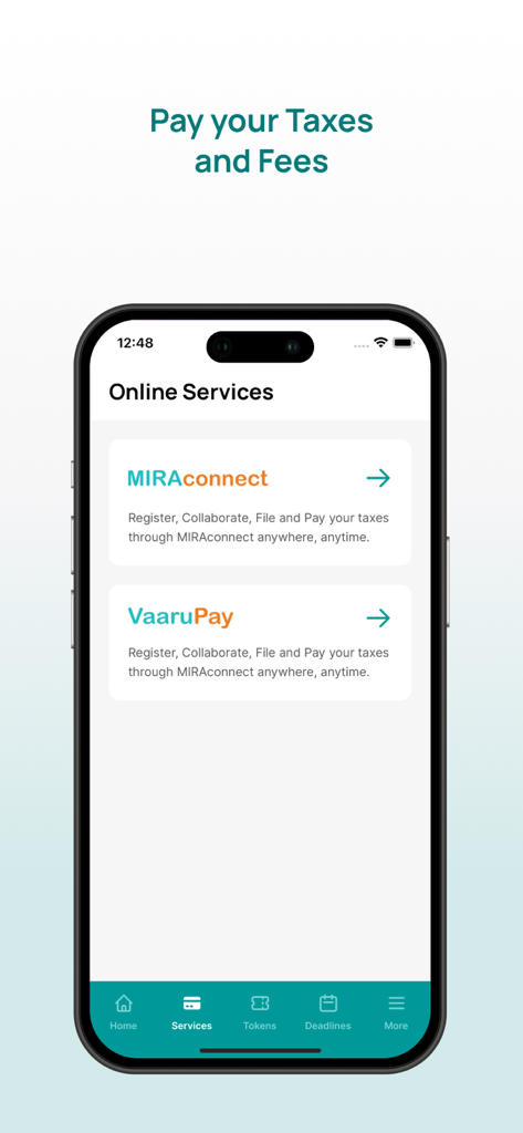 MIRA Maldives app online services screen featuring MIRAconnect and VaaruPay for tax and fee payments