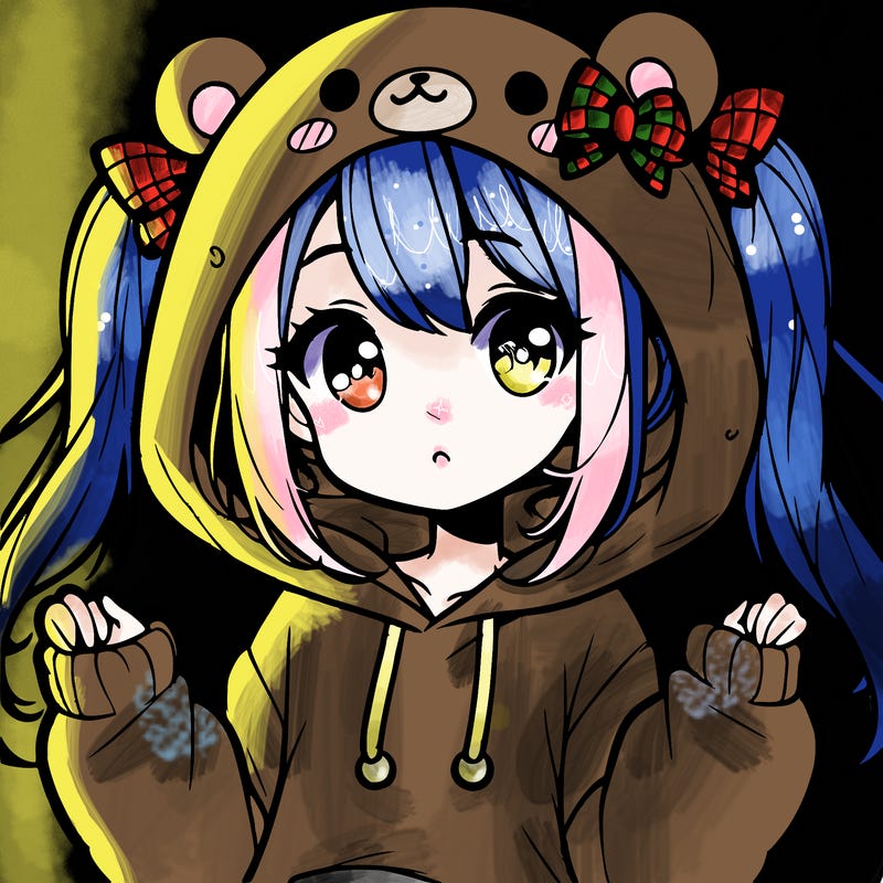 cute anime girl with ponytails and a cute bear hoodie