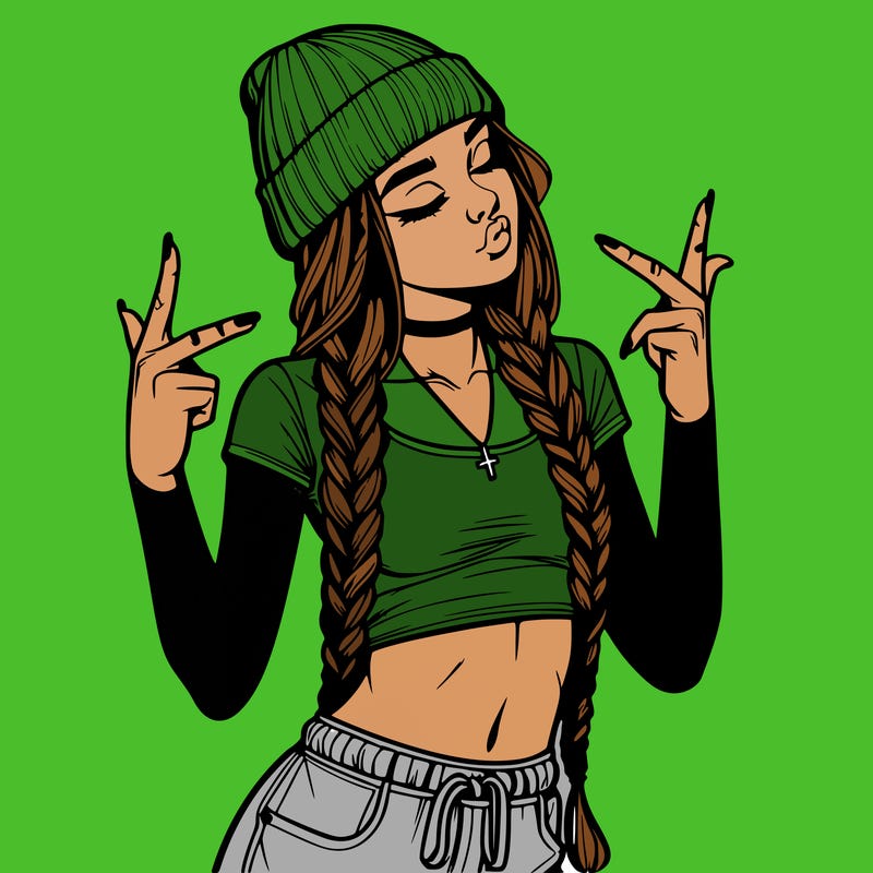 realistic teenage girl with braids and a beanie and crop top doing 🫶🏼