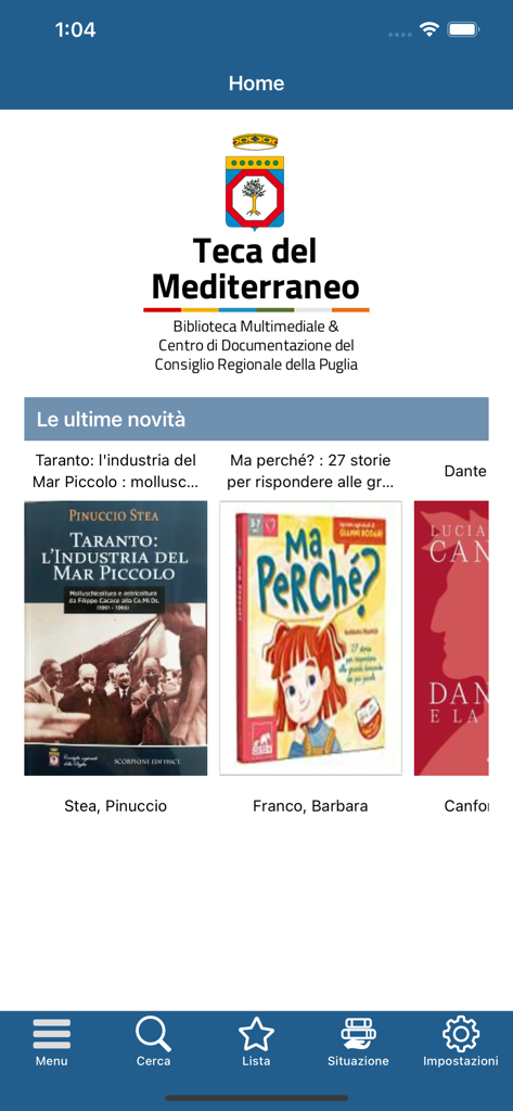 Biblio Teca - Pantalla de inicio de la aplicación móvil Biblio Teca mostrando el logotipo de la biblioteca Teca del Mediterraneo y las novedades