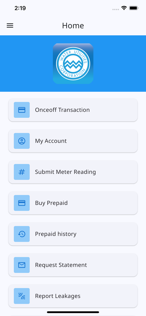 WUC App - Home screen of the WUC App featuring a menu for meter readings, bill payments, and leak reporting