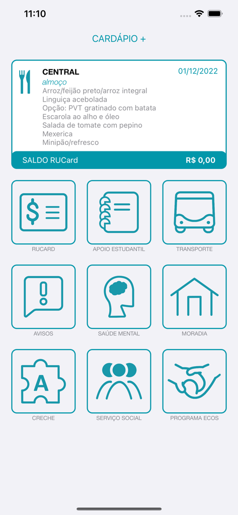 Cardápio USP - Home screen of the Cardápio USP app showing a daily university cafeteria menu and service icons like transport and mental health