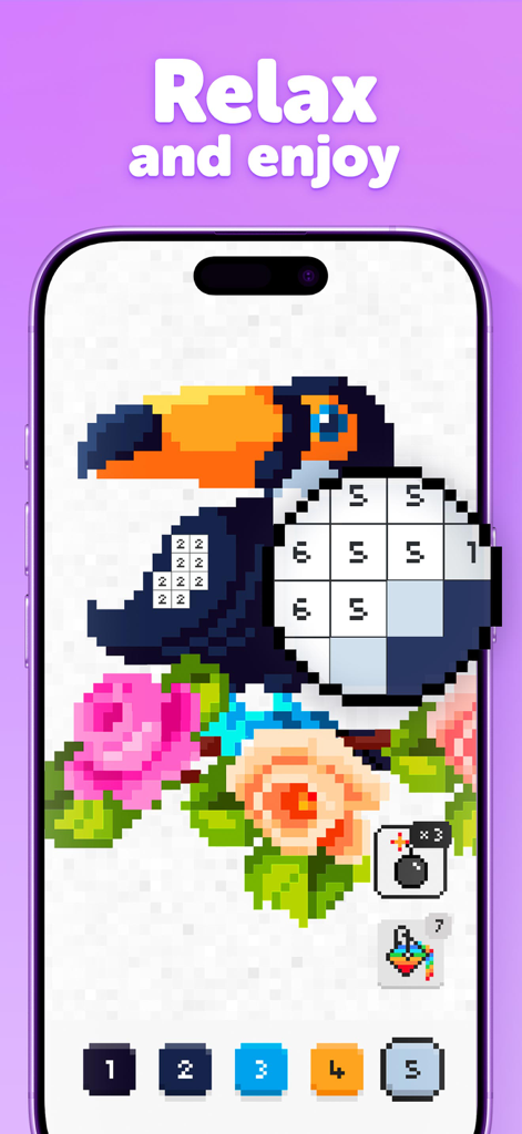 A pixel art coloring interface in the Unicorn app featuring a toucan and flowers with the text relax and enjoy