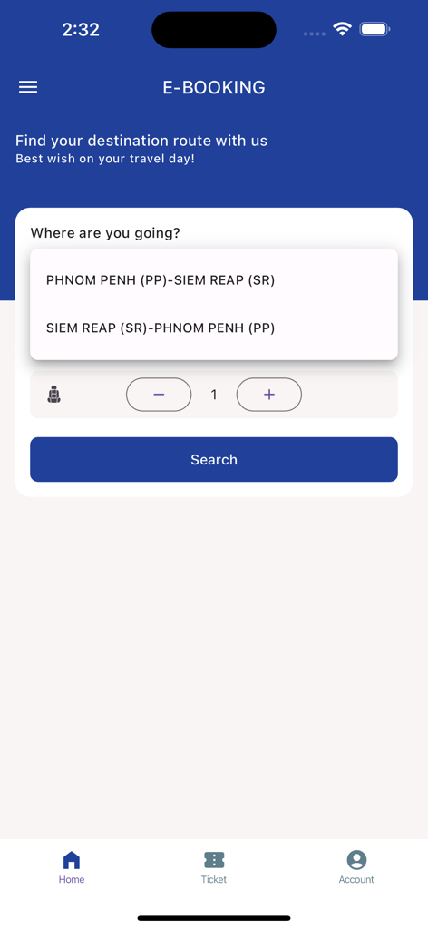 Interface of eBooking Express app for selecting bus routes between Phnom Penh and Siem Reap in Cambodia