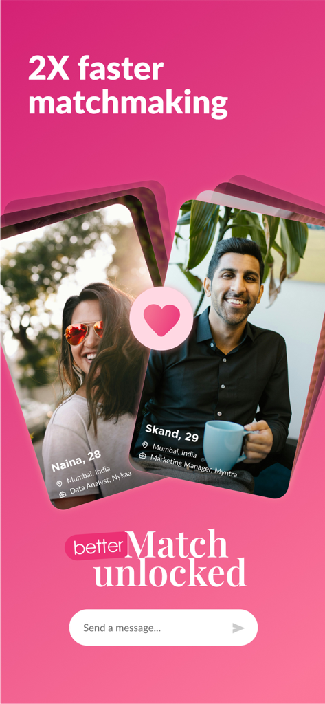 Betterhalf: Matrimony App - Interface showing two matched user profiles with a heart icon and the text 2X faster matchmaking