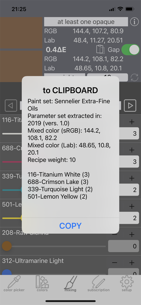 Real Paint mixing tools PRO - A popup in the Real Paint mixing tools PRO app displaying a detailed paint mixing recipe for Sennelier Extra-Fine Oils including specific paint names and quantities.