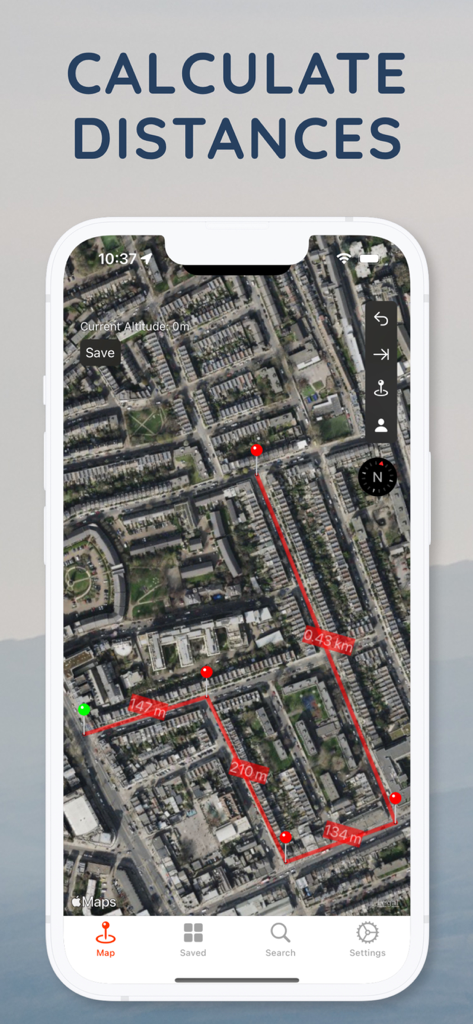 La aplicación Herramienta de Distancia mostrando distancias medidas en un mapa satelital