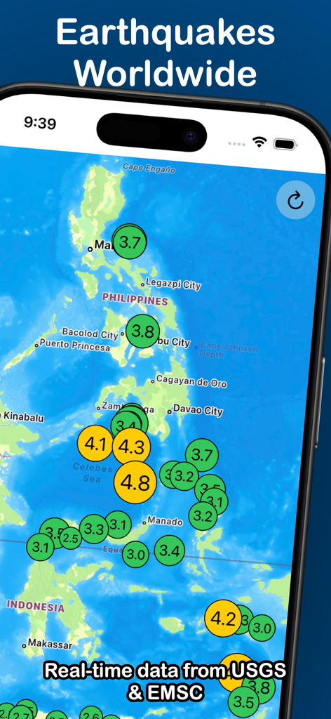QuakeInfo: Seismic Monitoring - Vista mappa dell'app QuakeInfo che mostra magnitudo dei terremoti in tempo reale e attività sismica.