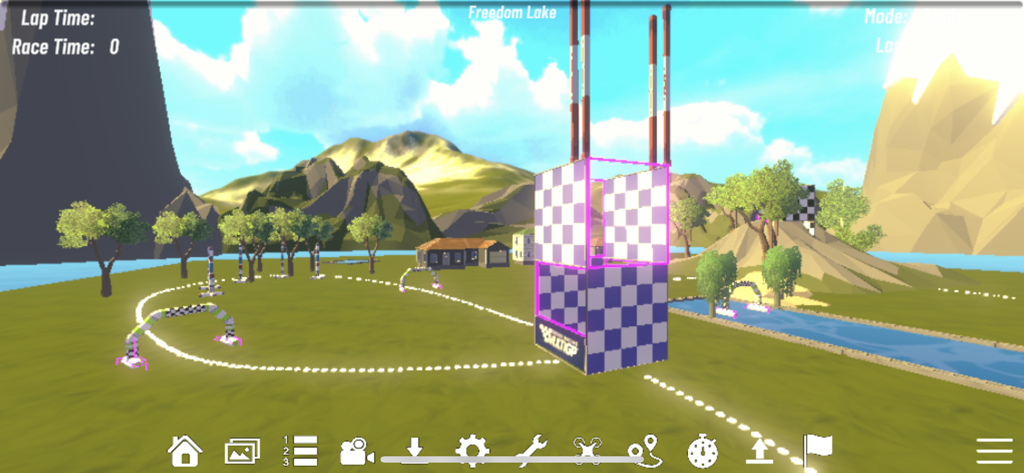 A drone racing course in the VelociDrone mobile app featuring checkered gates and a scenic landscape