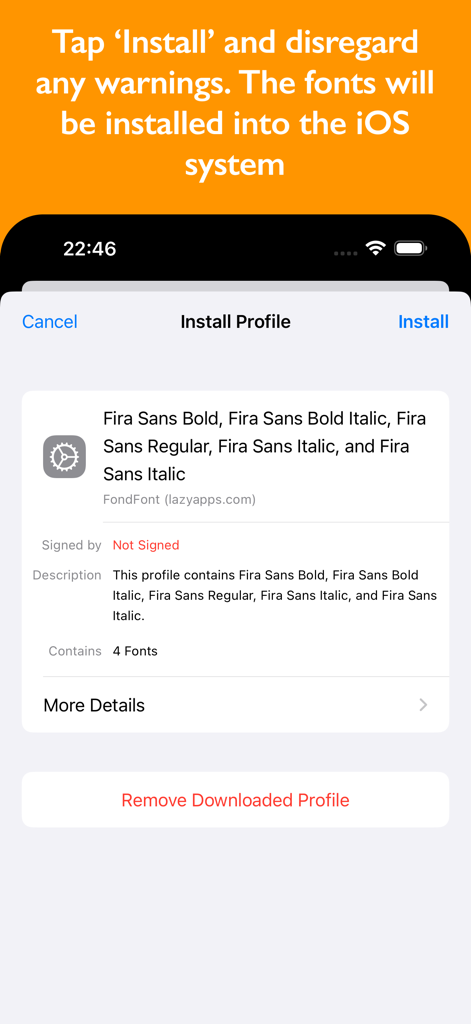 FondFont: Install System Fonts - FondFont app screen showing the iOS profile installation process for custom fonts
