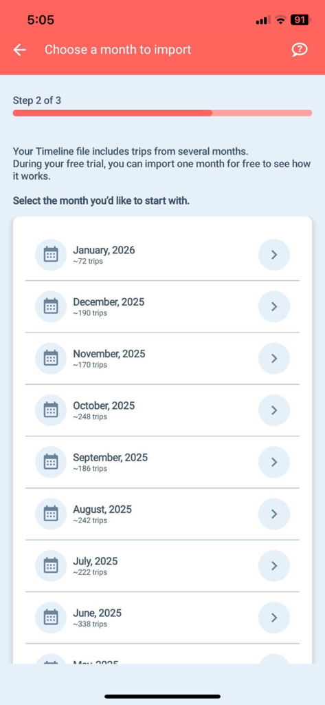 Mobile app screen for selecting a month to import driving trips from Google Timeline history.