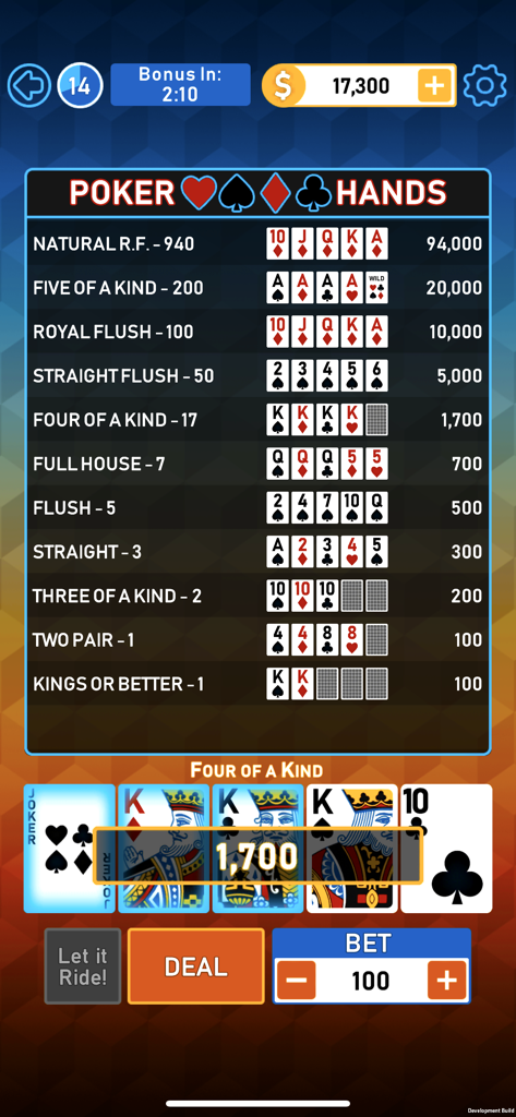 Video Poker Multi Bonus - Gameplay screen of Video Poker Multi Bonus showing a Four of a Kind winning hand and the pay table.