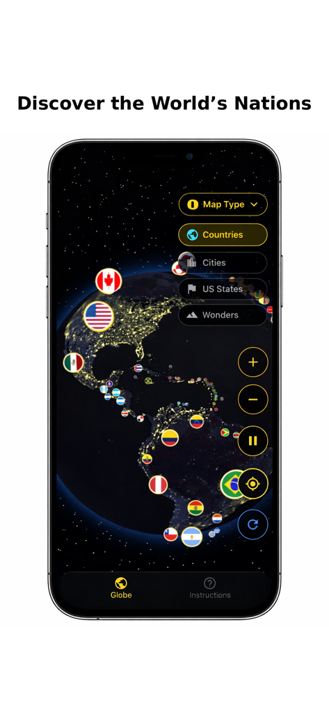 TrueGlobe - Pantalla de la aplicación móvil TrueGlobe con un globo terráqueo interactivo 3D de noche con iconos de banderas de países y controles de navegación