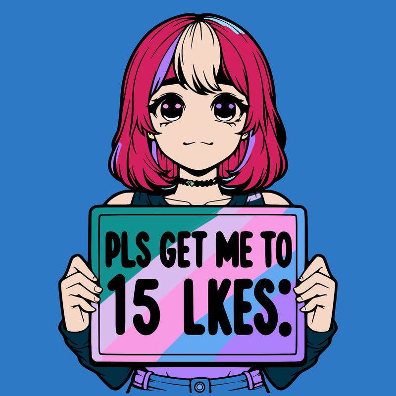 realistic girl holding up a sign that says “pls get me to 15 likes!”