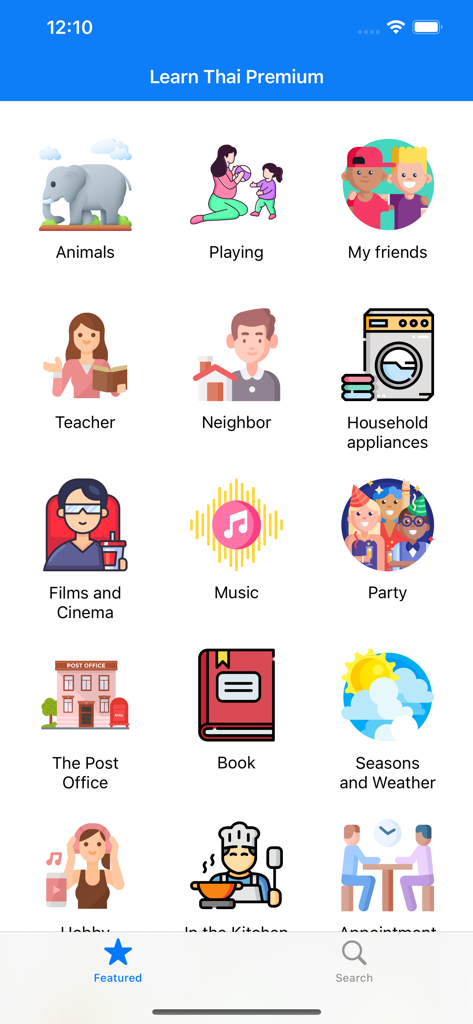 A menu of Thai language learning topics including animals, friends, and daily activities in the Learn Thai Travel Premium app