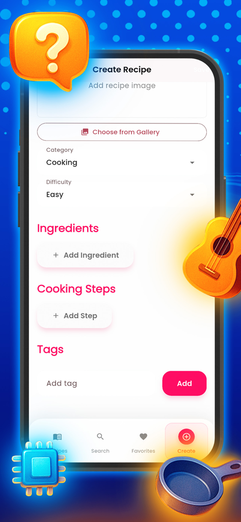 Interface of the Recipy Maker app showing the screen to create a new guide with sections for ingredients steps and tags