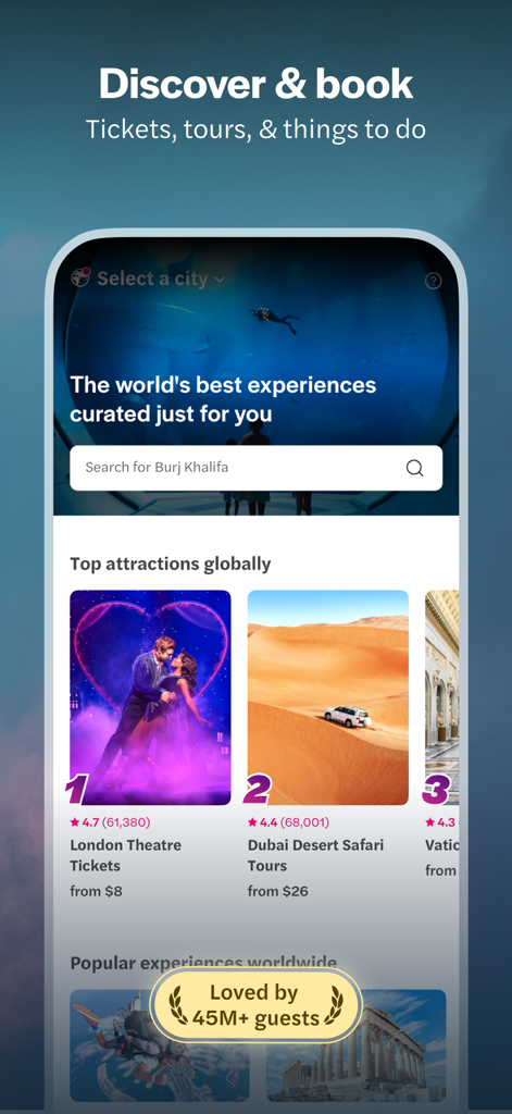 Mobile interface of the Headout app showing options to book global travel tickets and tours for top attractions.