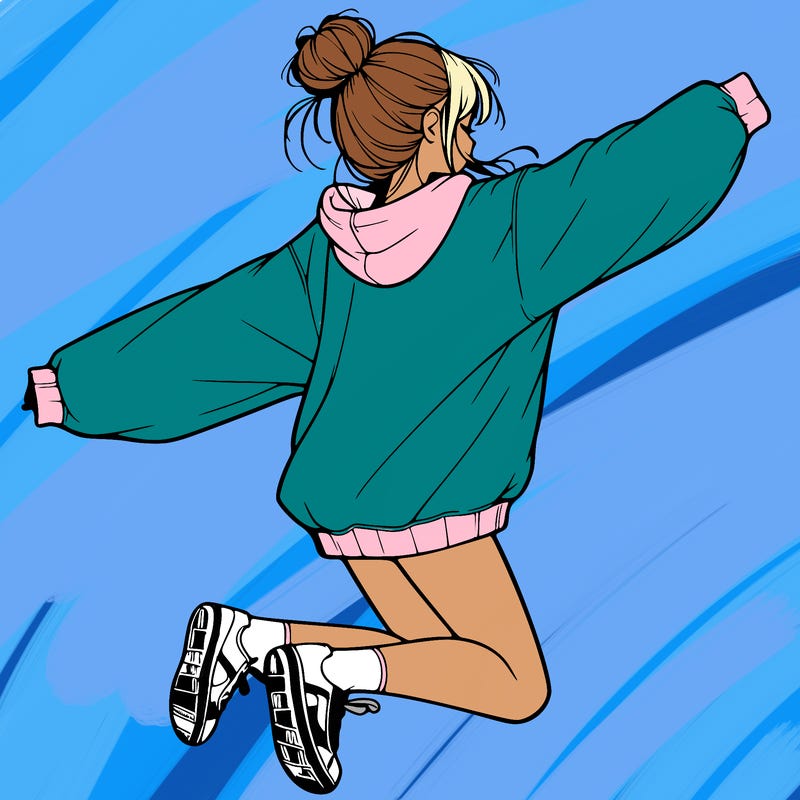 realistic girl jumping with a bun and oversized sweatshirt