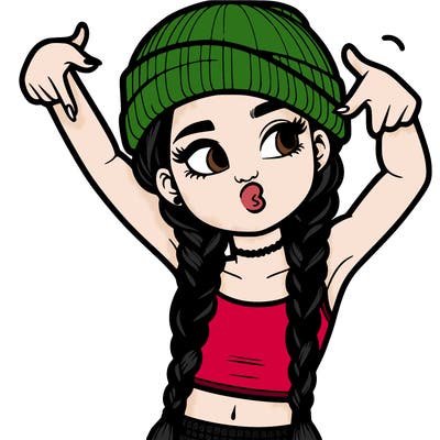realistic teenage girl with braids and a beanie and crop top doing 🫶🏼