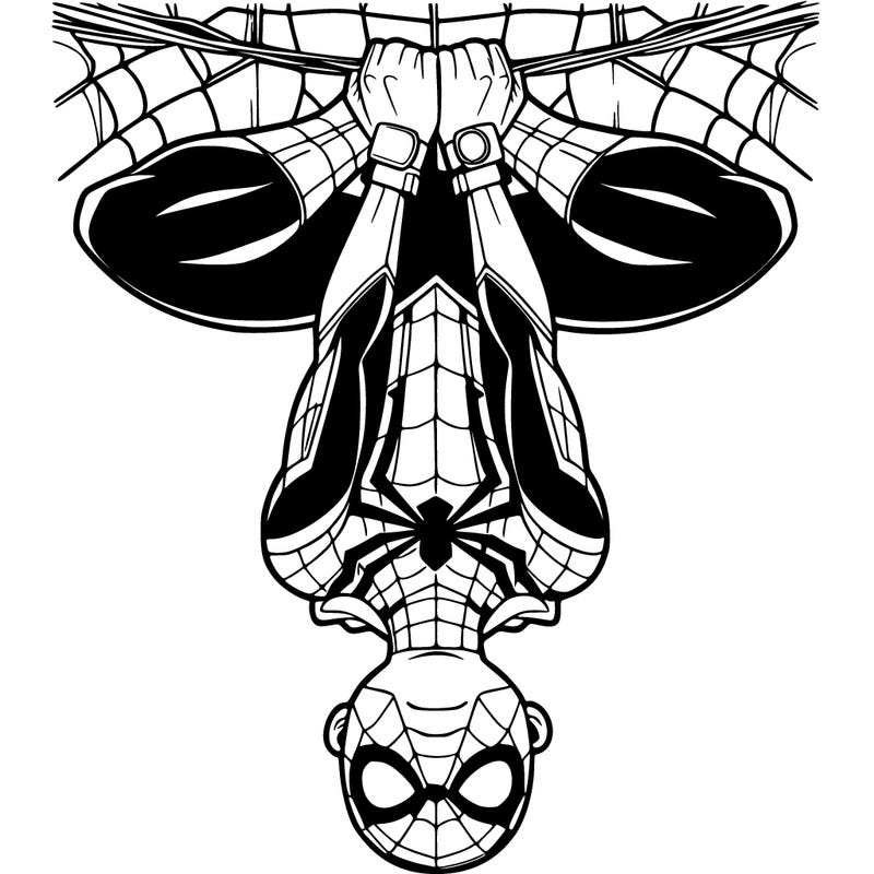 spiderman hanging on his web upside-down