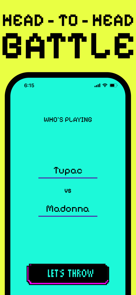 RPS - Rock, Paper, Scissors - RPS app head-to-head battle screen featuring a retro pixel art interface with player names and a lets throw button