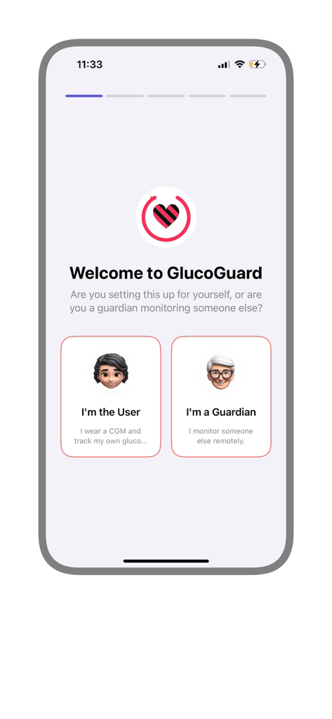 GlucoGuard - Welcome screen of GlucoGuard app for selecting between user or guardian roles