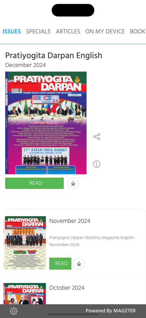 Pratiyogita Darpan Magazine - Pratiyogita Darpan English magazine app interface showing a list of monthly issues for 2024