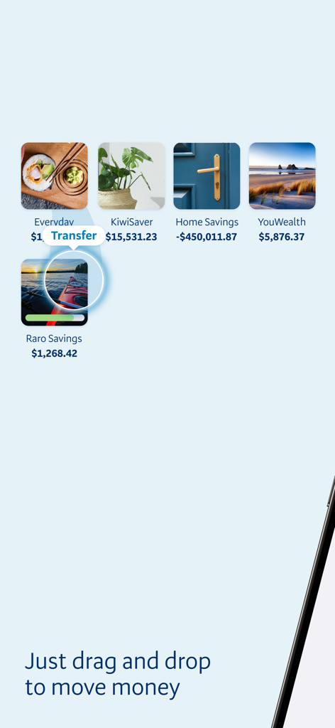 BNZ Mobile - BNZ Mobile app interface showing the drag and drop feature for transferring money between personalized bank accounts