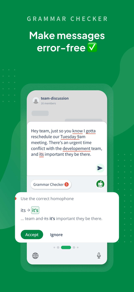 QuillBot: AI Writing, Keyboard - QuillBot mobile app interface showing the grammar checker tool correcting a homophone mistake in a team message
