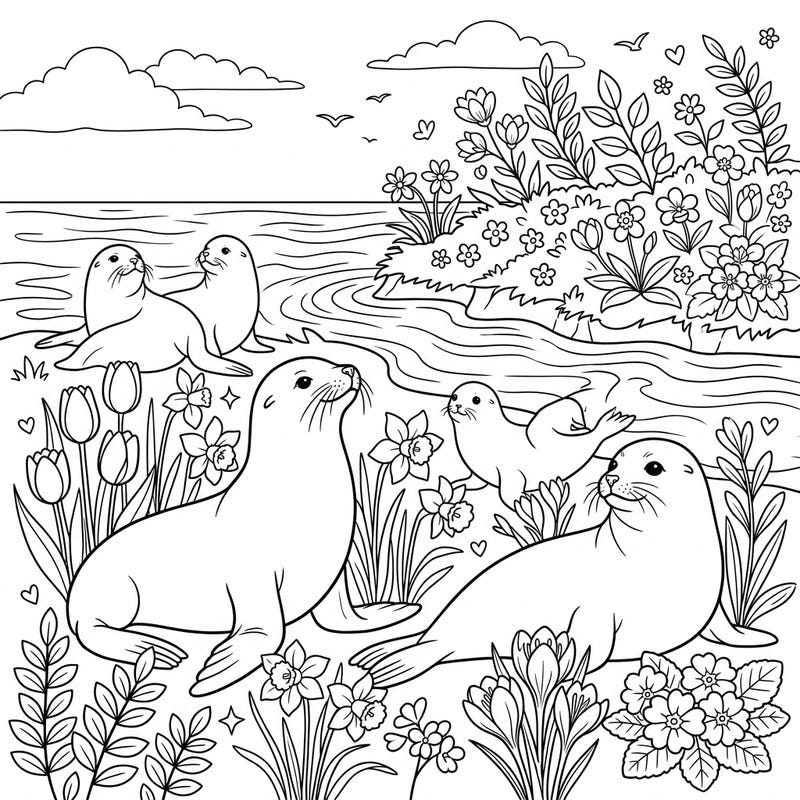 Welcome the joys of spring with this delightful coloring page featuring playful seals and sea lions amidst a beautiful floral landscape. It's the perfect activity to bring vibrant colors to these charming marine mammals and blooming flowers.