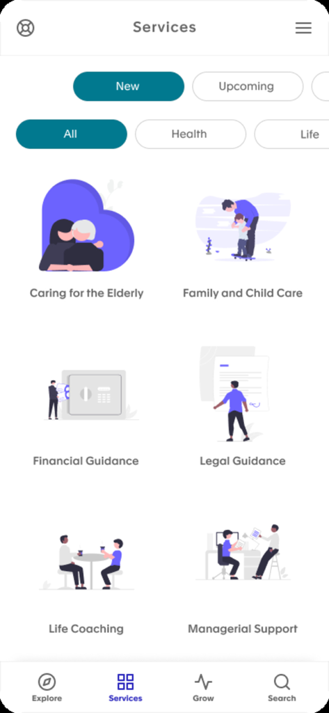 Dienstleistungsbildschirm der Lyra Wellbeing Hub App mit Support-Kategorien wie Life Coaching und Finanzberatung