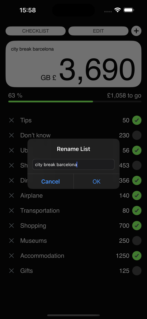 Checklist Pro: Expense Tracker - Checklist Pro expense tracker app showing a travel budget checklist for a trip to Barcelona