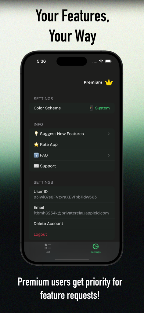 GrocerEase: Shopping Assistant - Pantalla de configuración de la aplicación GrocerEase que muestra los detalles de la cuenta y las opciones de solicitud de funciones premium.