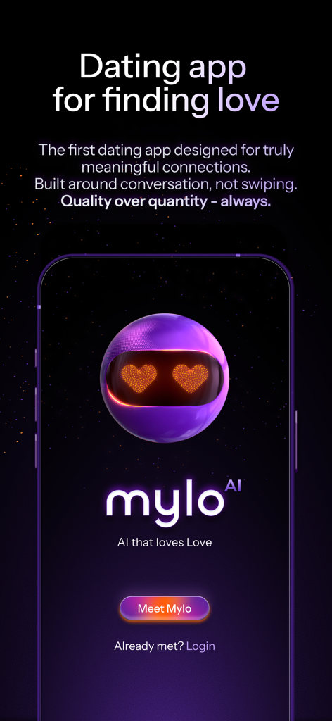 Schermata di avvio dell'app di incontri Mylo AI con una mascotte robot viola con occhi a forma di cuore e uno slogan su connessioni significative oltre lo swipe.