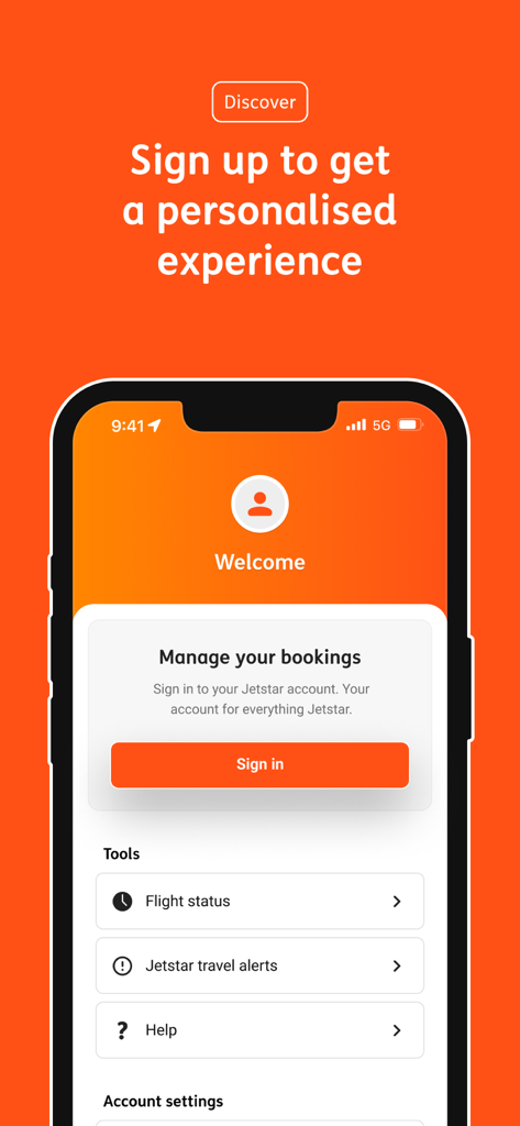 Jetstar - Jetstar app interface showing sign in options to manage bookings and travel tools like flight status and alerts