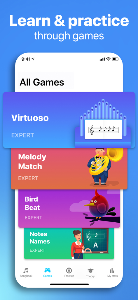 Hello Piano: Learn Pro Lessons - Una schermata di un'app mobile per Hello Piano che mostra varie lezioni di musica gamificate come 'Virtuoso' e 'Melody Match'