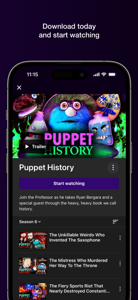 WatcherTV - Screenshot of the WatcherTV app interface showing the Puppet History show page with Season 6 episodes list