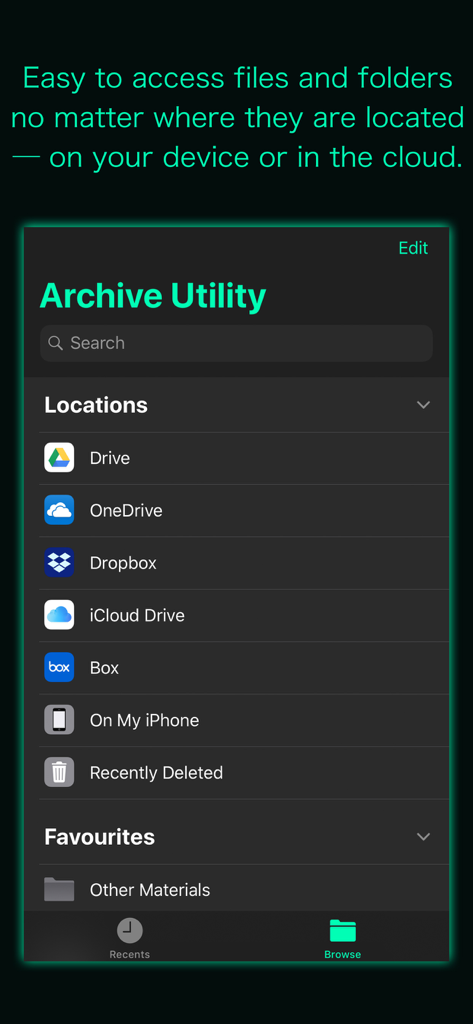 Archive Utility - Interfaz de la app Archive Utility mostrando ubicaciones de almacenamiento en la nube integradas como Dropbox, Google Drive e iCloud Drive