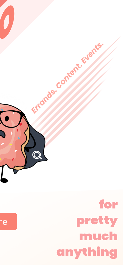 Promotional graphic for the Quest app showing categories for errands content and events with a cartoon hero character