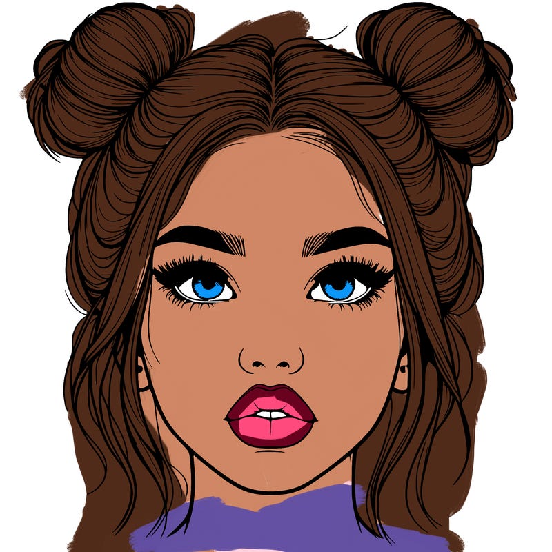 realistic girl with two buns on her hair and lips