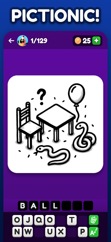 Pictionic: Draw & Guess Words - Gameplay screen of Pictionic showing a drawing of a table and balloon with a word puzzle below