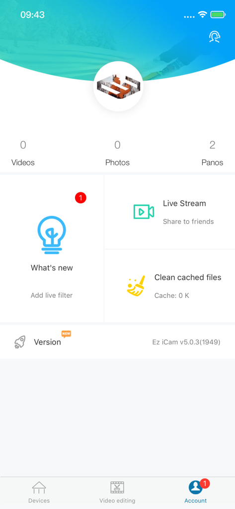 Ez iCam - Ez iCam mobile app account dashboard showing photo and video statistics