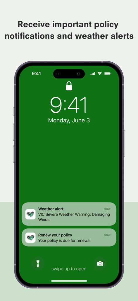 Shannons App - Shannons app lock screen showing insurance policy renewal notifications and severe weather alerts