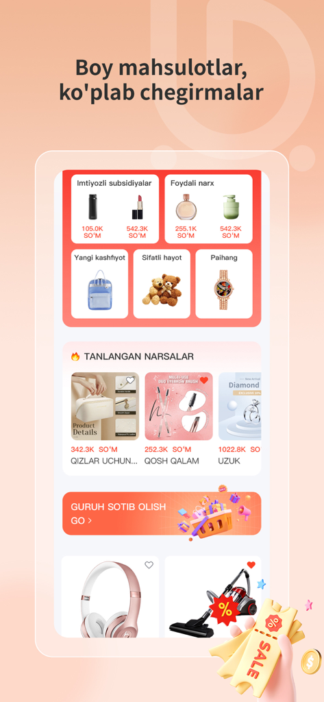 EcoBuyMarket - Pantalla de inicio de la aplicación móvil EcoBuyMarket que muestra varios productos y descuentos en uzbeko para el mercado de Asia Central