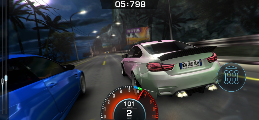 Drag Battle: Race Car Games 3D - Night time drag race between two sports cars with speedometer and gear shift UI