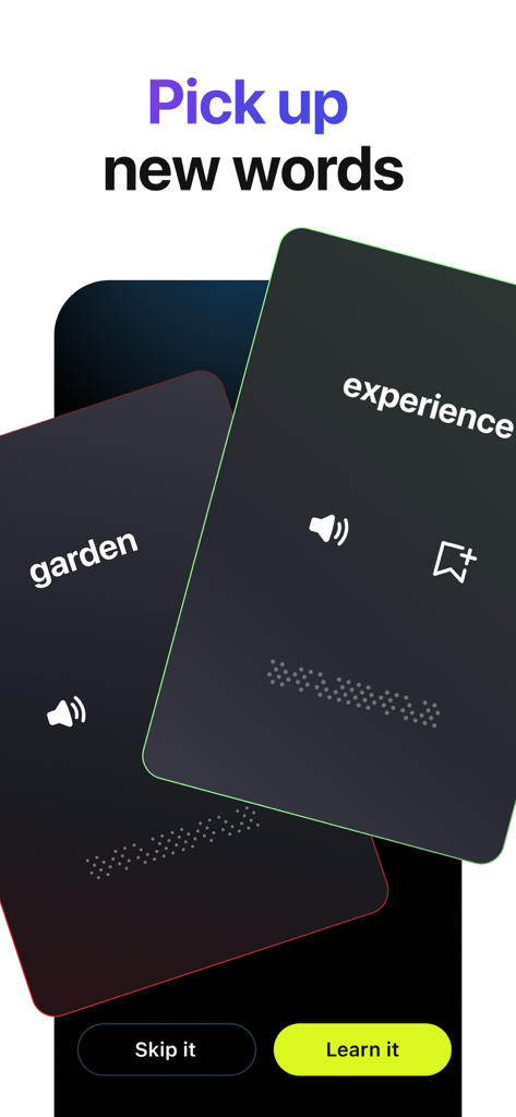 Lola Speak: English Practice - User interface of Lola Speak app showing English vocabulary cards for learning words like experience and garden