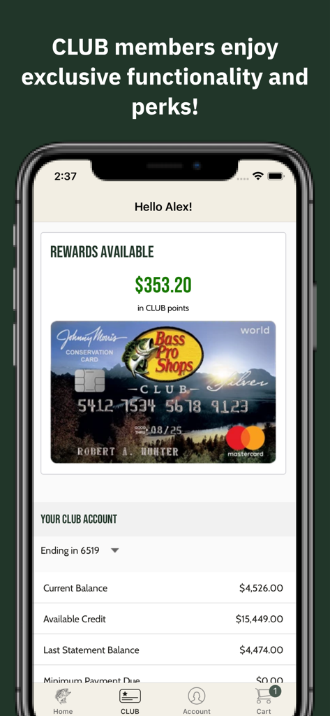 Bass Pro Shops - Bass Pro Shops app screen showing CLUB rewards points and credit card account balance.